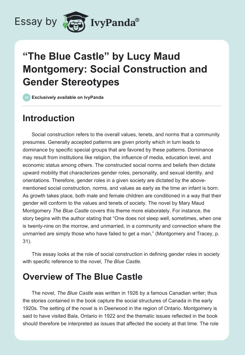 “The Blue Castle” by Lucy Maud Montgomery: Social Construction and Gender Stereotypes. Page 1