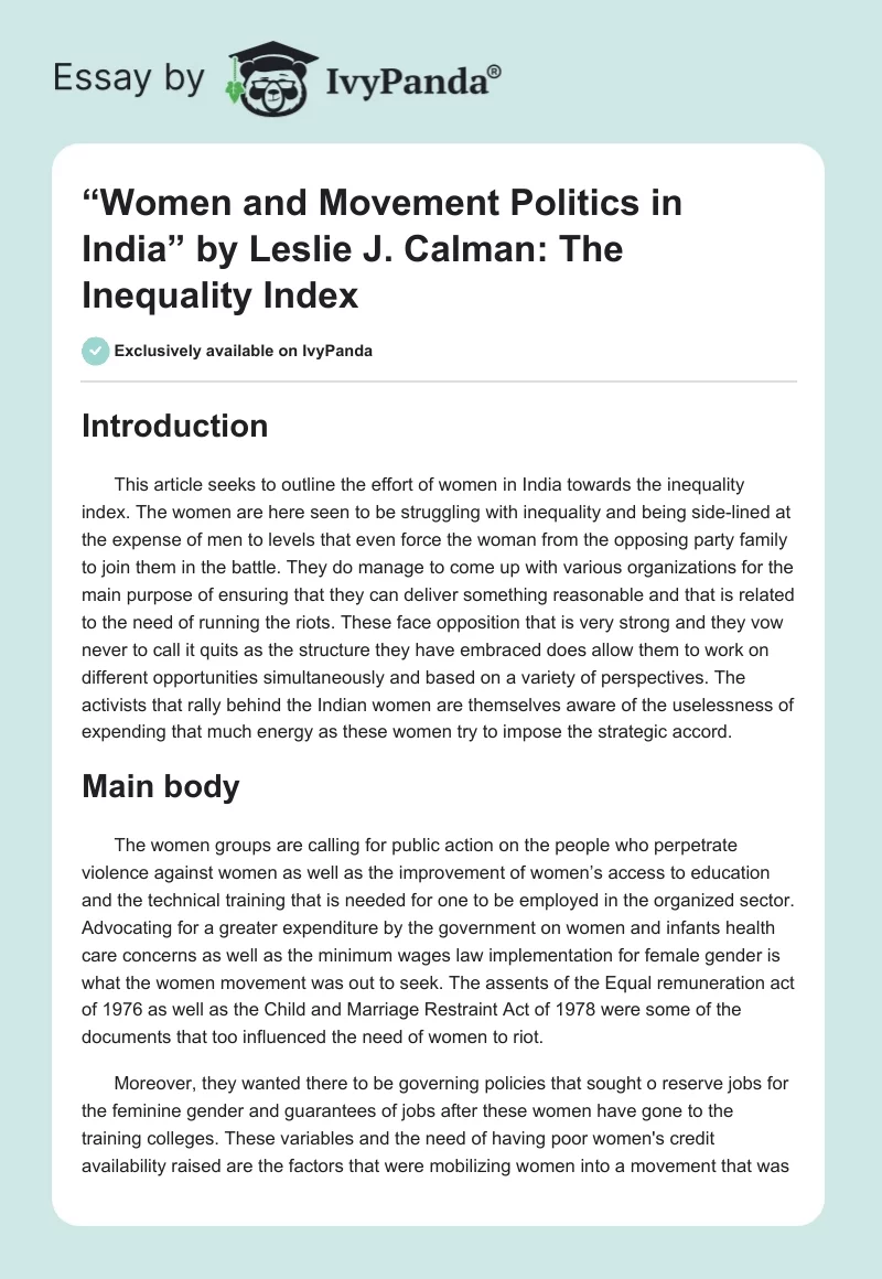 “Women and Movement Politics in India” by Leslie J. Calman: The Inequality Index. Page 1
