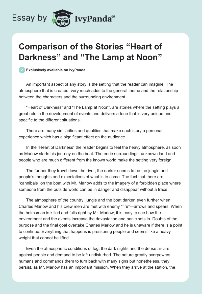 Comparison of the Stories “Heart of Darkness” and “The Lamp at Noon”. Page 1