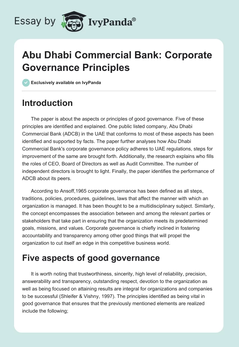 Abu Dhabi Commercial Bank: Corporate Governance Principles. Page 1