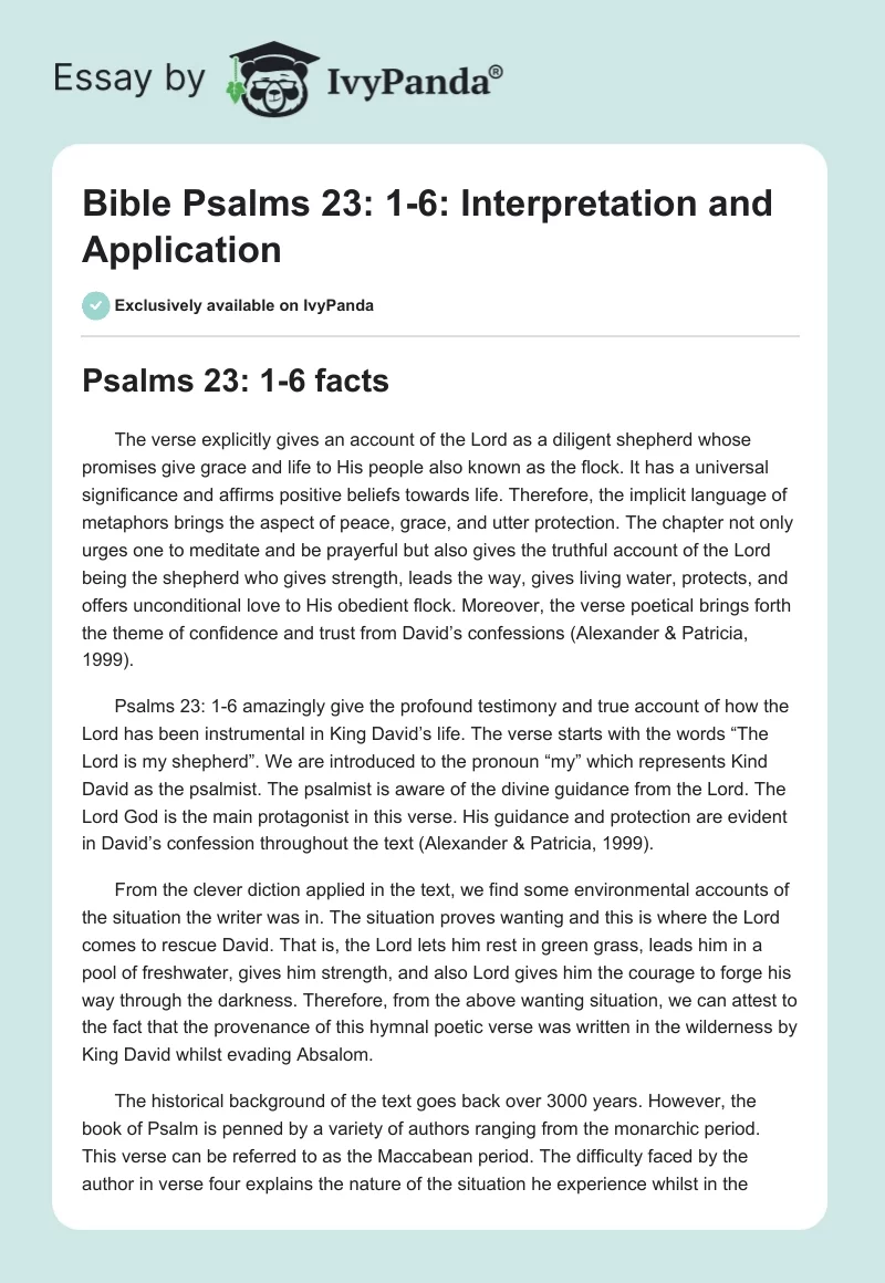 Bible Psalms 23: 1-6: Interpretation and Application. Page 1