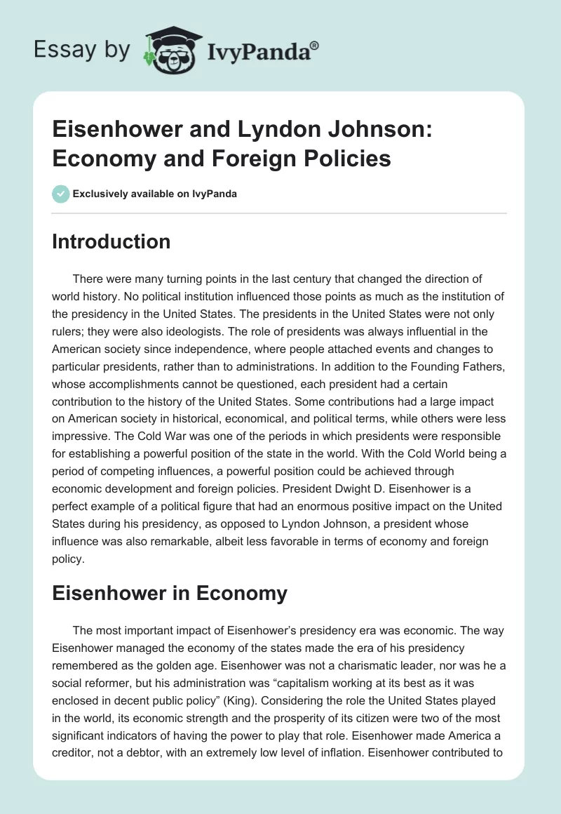 Eisenhower and Lyndon Johnson: Economy and Foreign Policies. Page 1