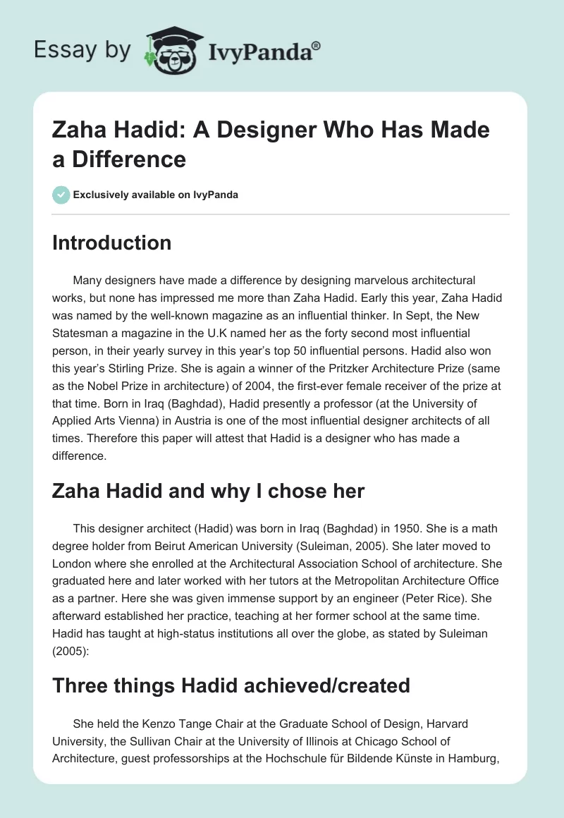 Zaha Hadid: A Designer Who Has Made a Difference. Page 1