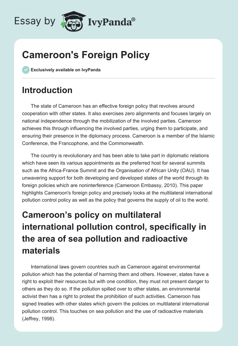 Cameroon's Foreign Policy. Page 1