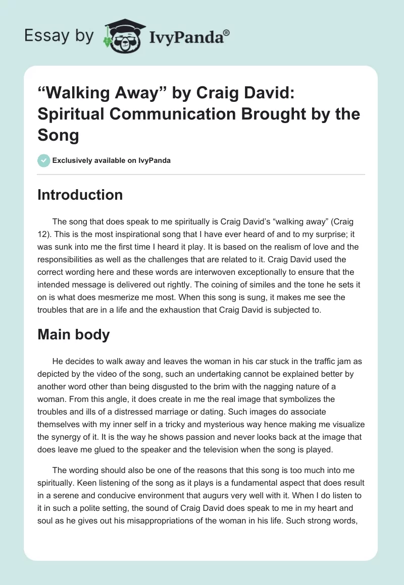 “Walking Away” by Craig David: Spiritual Communication Brought by the Song. Page 1