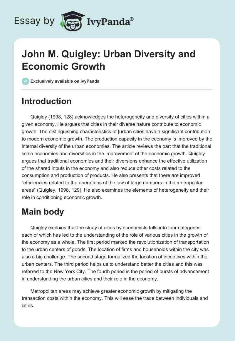 John M. Quigley: Urban Diversity and Economic Growth. Page 1