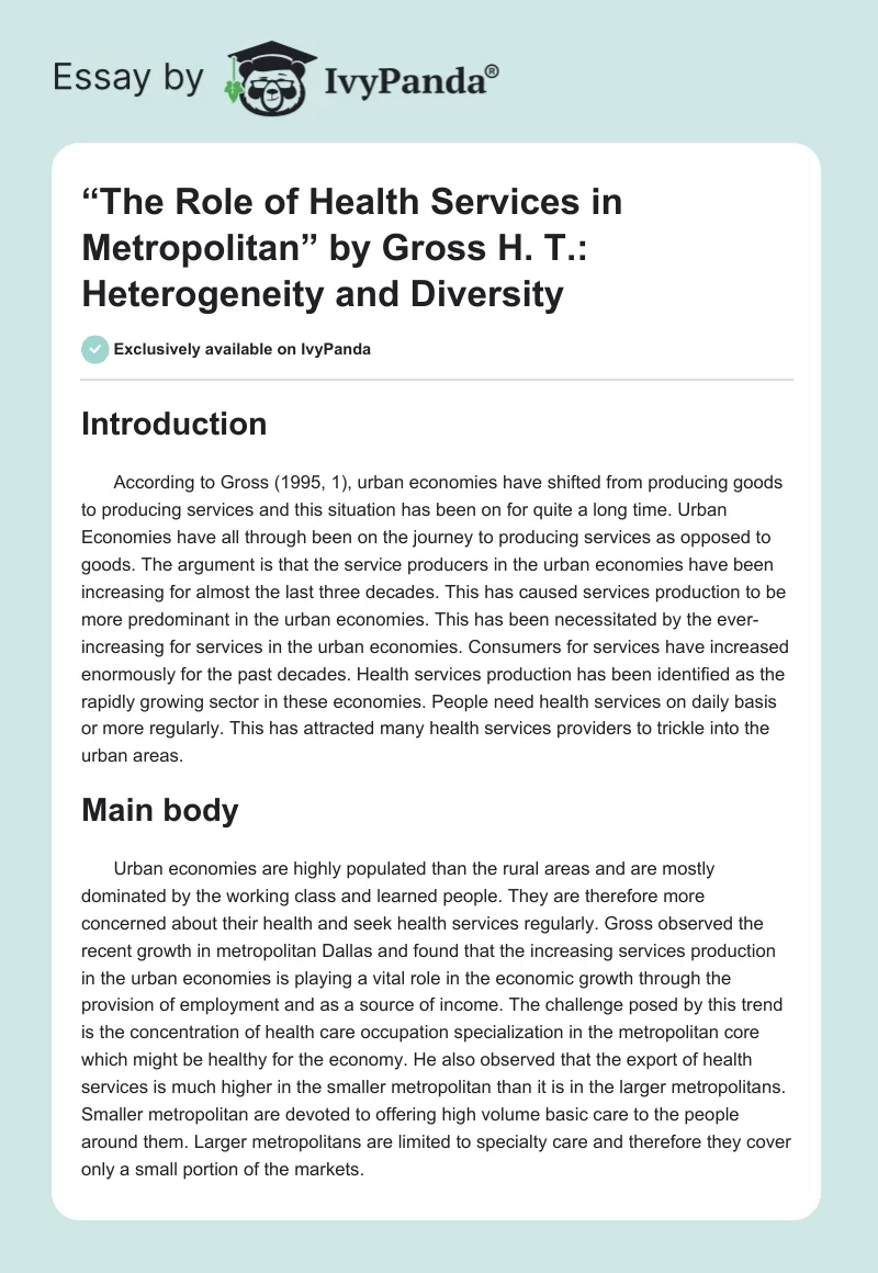 “The Role of Health Services in Metropolitan” by Gross H. T.: Heterogeneity and Diversity. Page 1