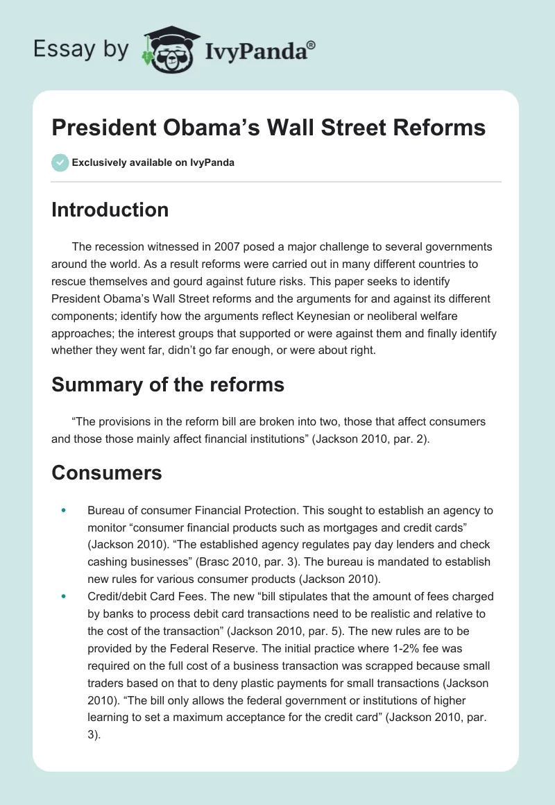 President Obama’s Wall Street Reforms. Page 1