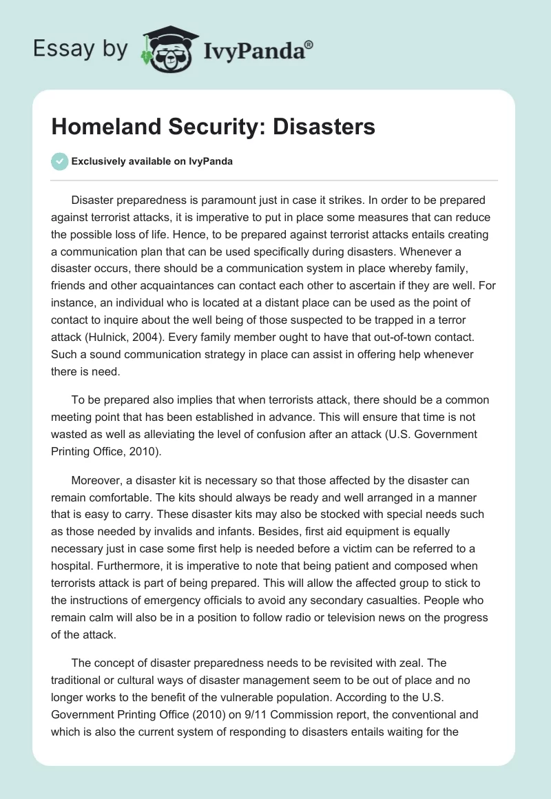 Homeland Security: Disasters. Page 1