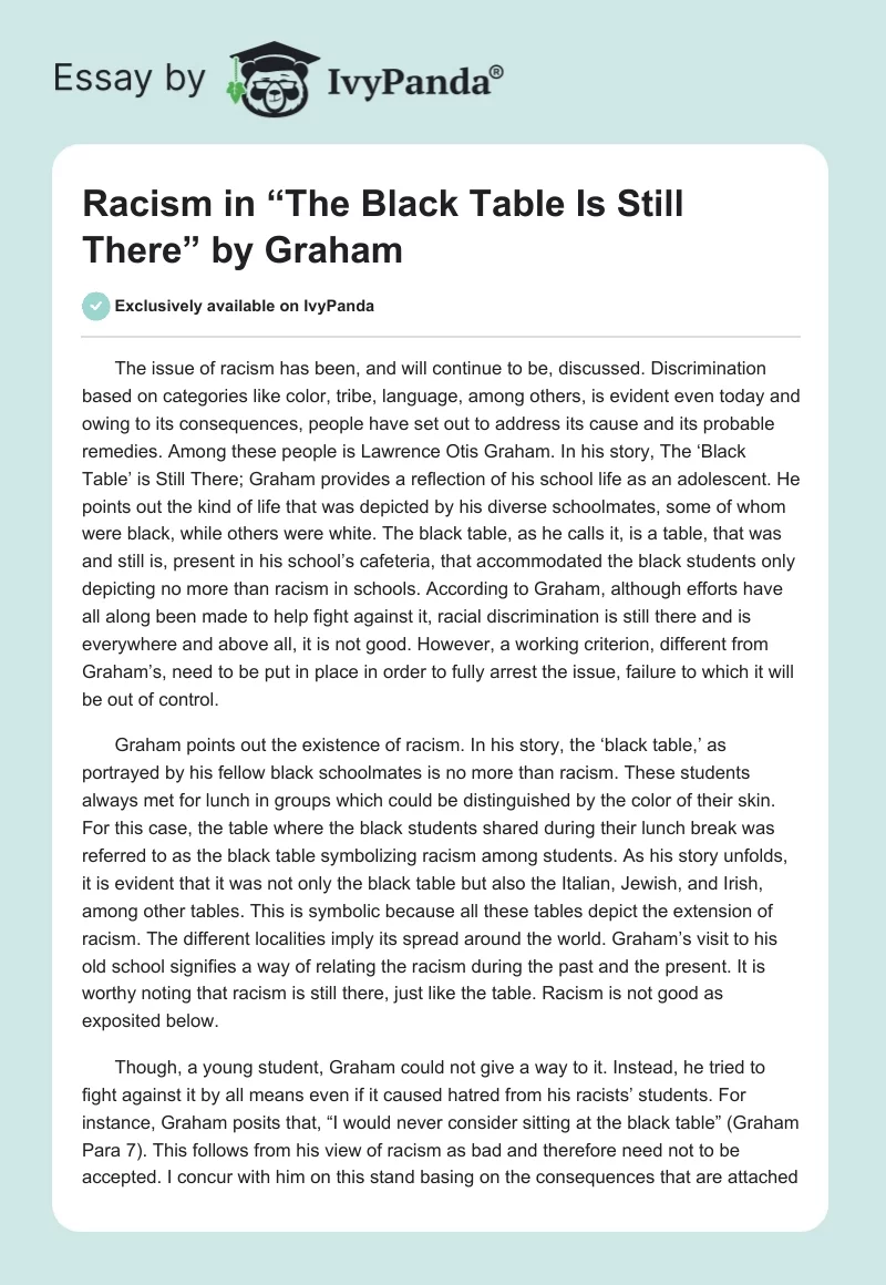 Racism in “The Black Table Is Still There” by Graham. Page 1