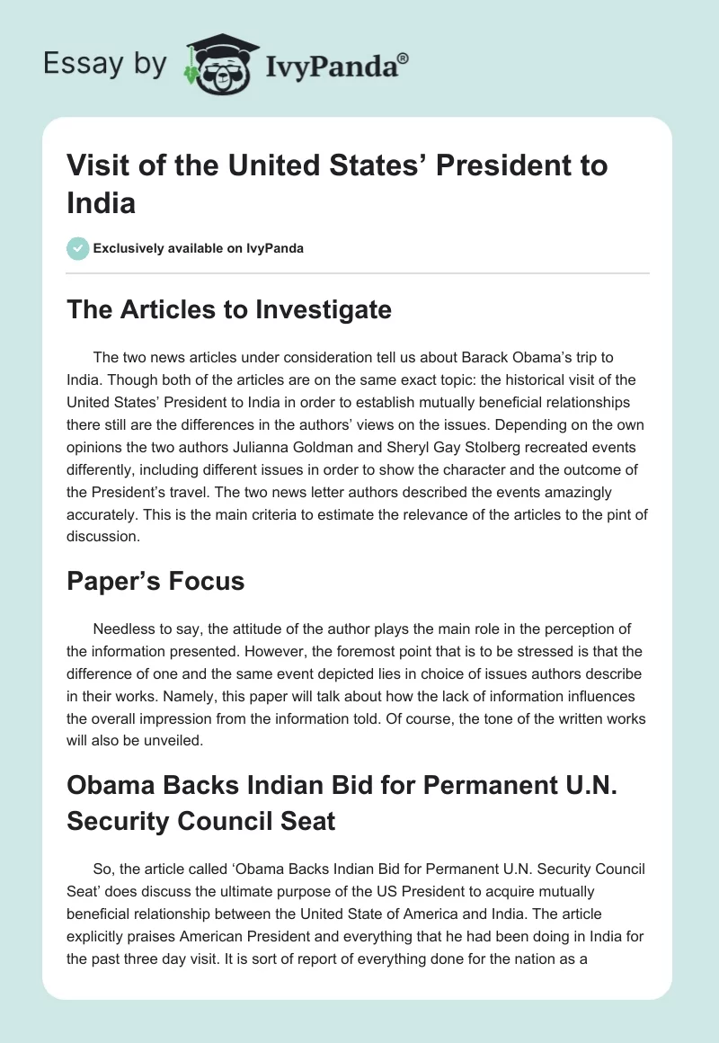 Visit of the United States’ President to India. Page 1