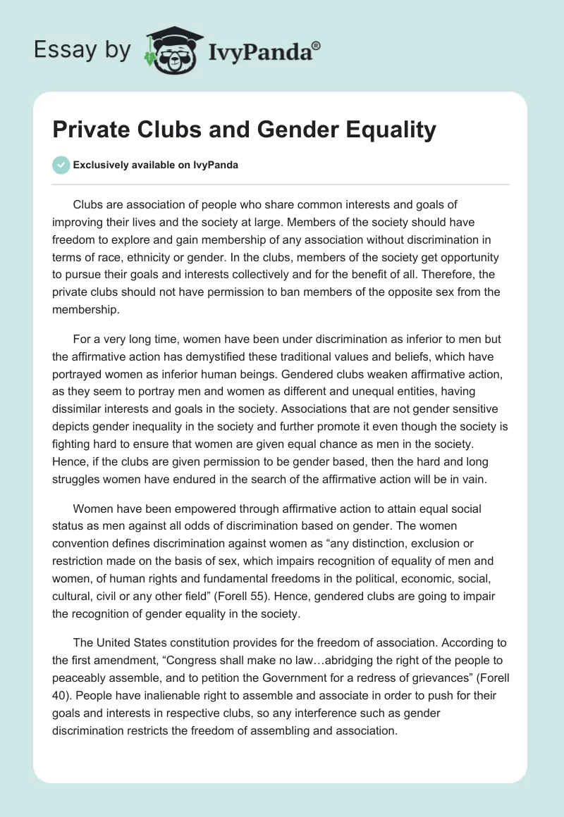Private Clubs and Gender Equality. Page 1