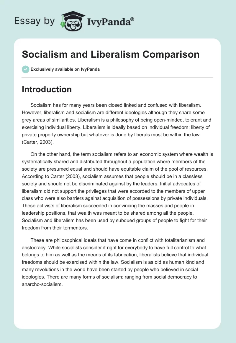 Socialism and Liberalism Comparison. Page 1
