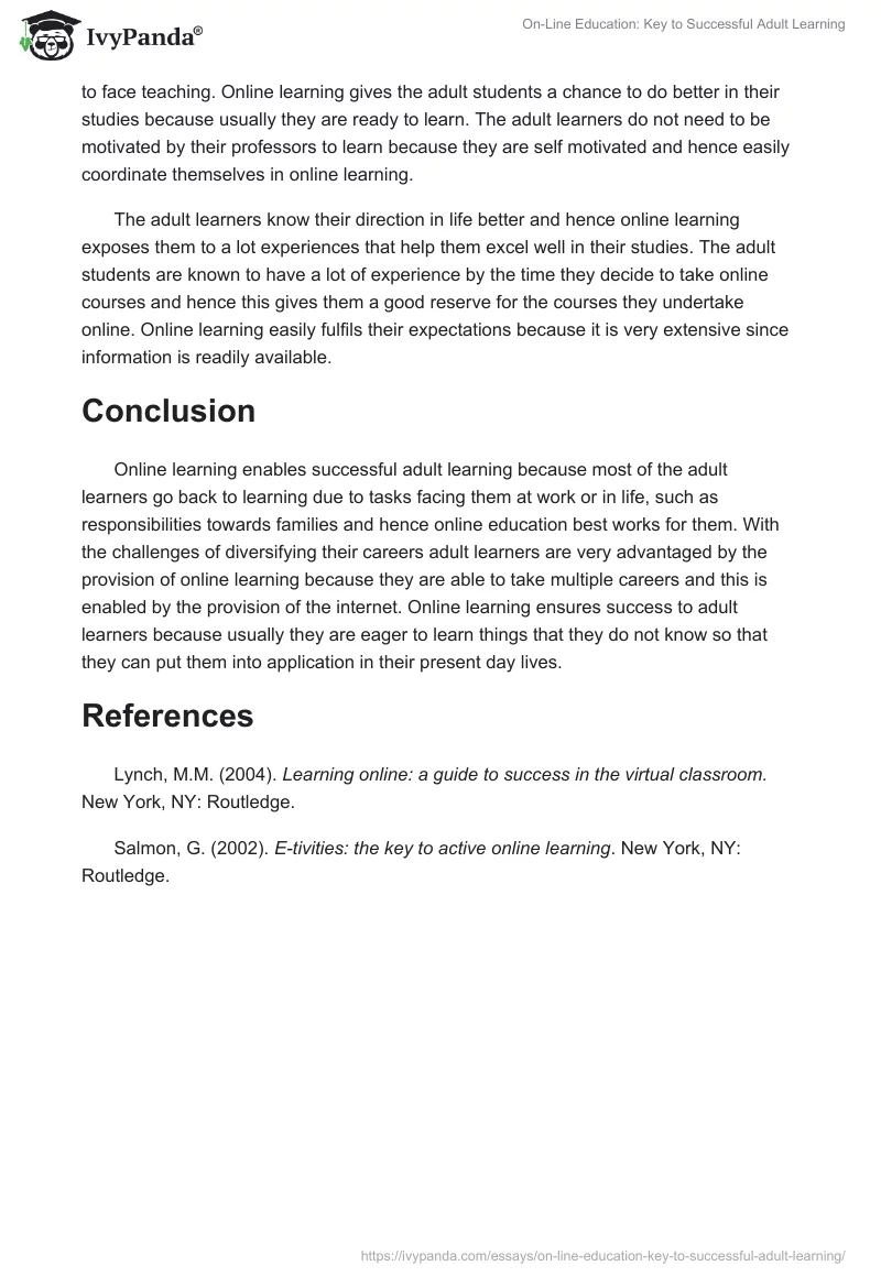 On-Line Education: Key to Successful Adult Learning. Page 2