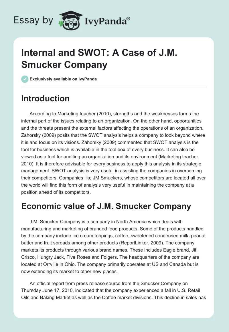 Internal and SWOT: A Case of J.M. Smucker Company. Page 1