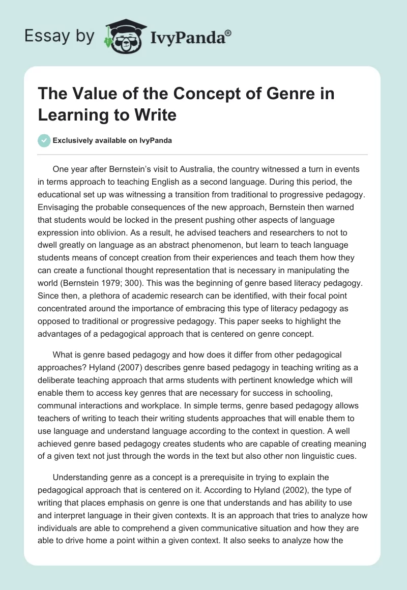 The Value of the Concept of Genre in Learning to Write. Page 1