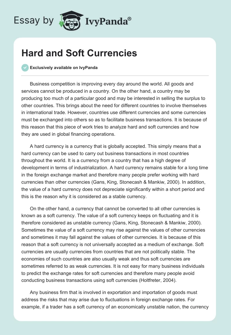 Hard and Soft Currencies. Page 1
