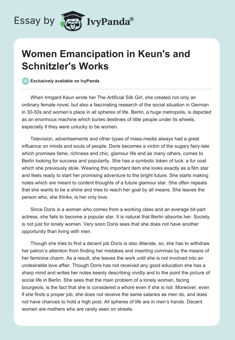 Women Emancipation in Keun's and Schnitzler's Works. Page 1