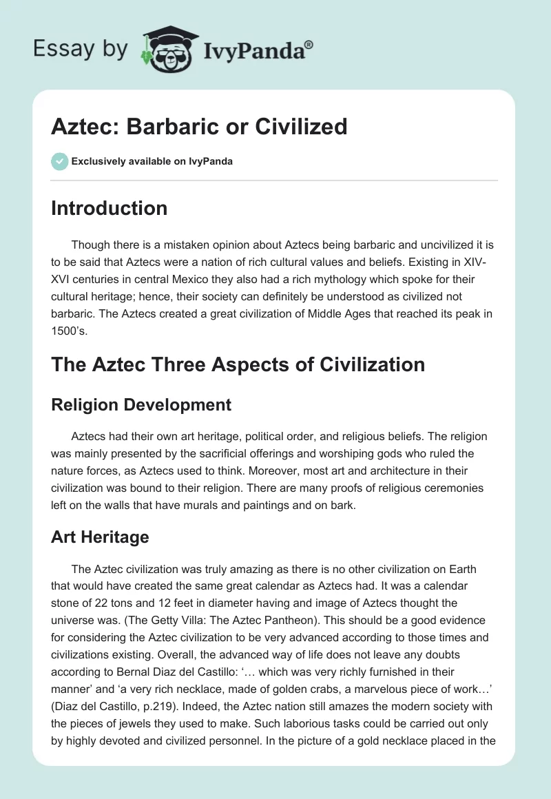 Aztec: Barbaric or Civilized. Page 1