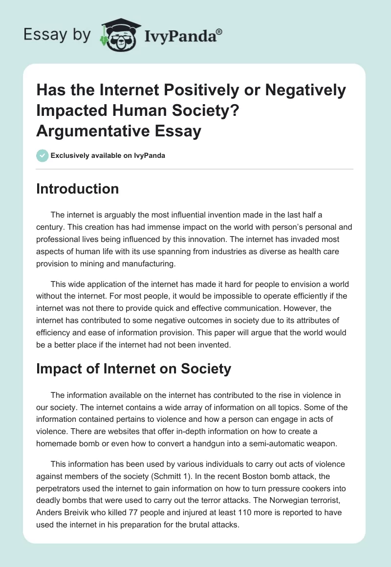 Has the Internet Positively or Negatively Impacted Human Society? Argumentative Essay. Page 1