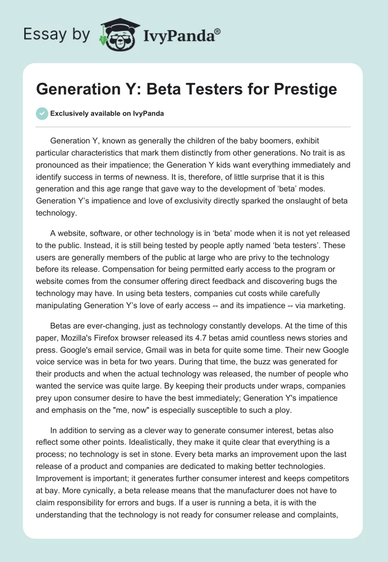 Generation Y: Beta Testers for Prestige. Page 1