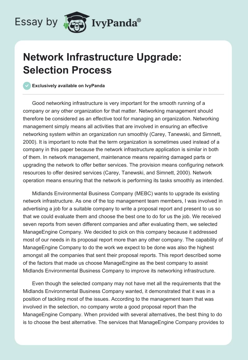 Network Infrastructure Upgrade: Selection Process. Page 1