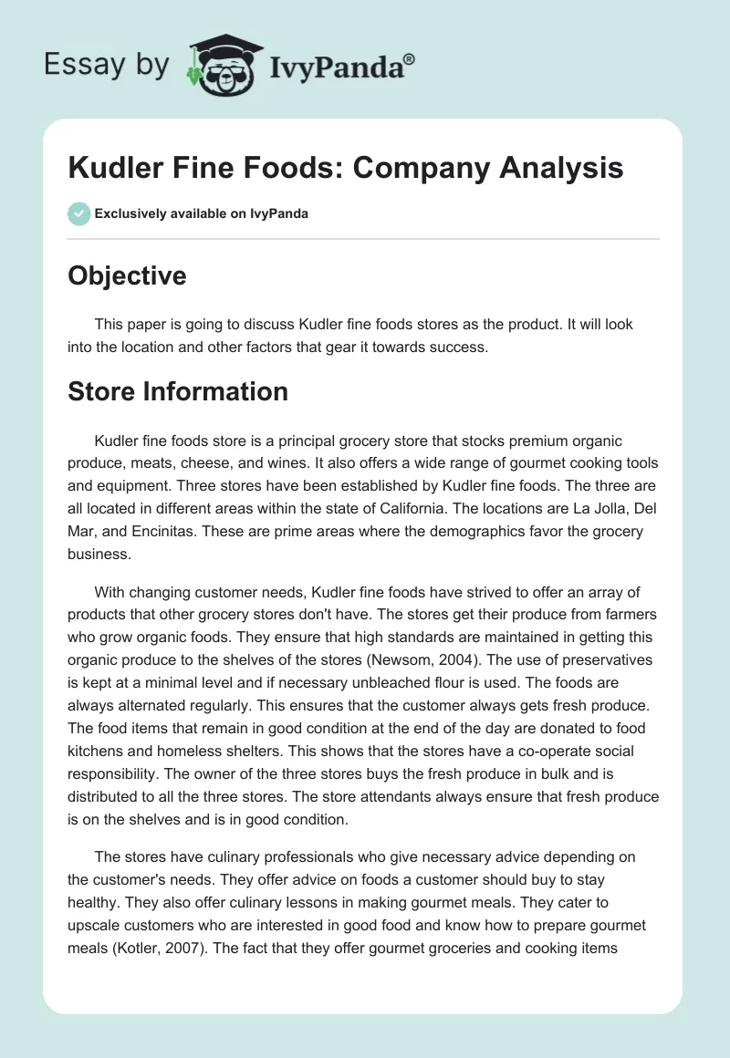 Kudler Fine Foods: Company Analysis. Page 1