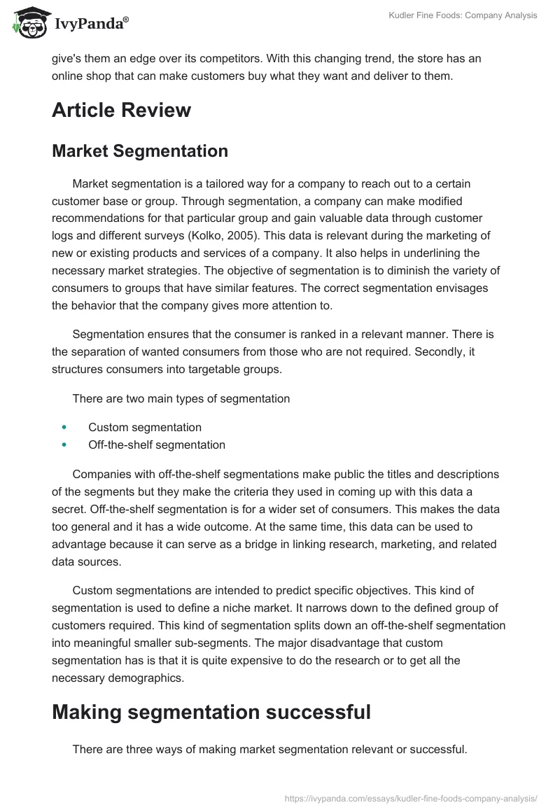 Kudler Fine Foods: Company Analysis. Page 2