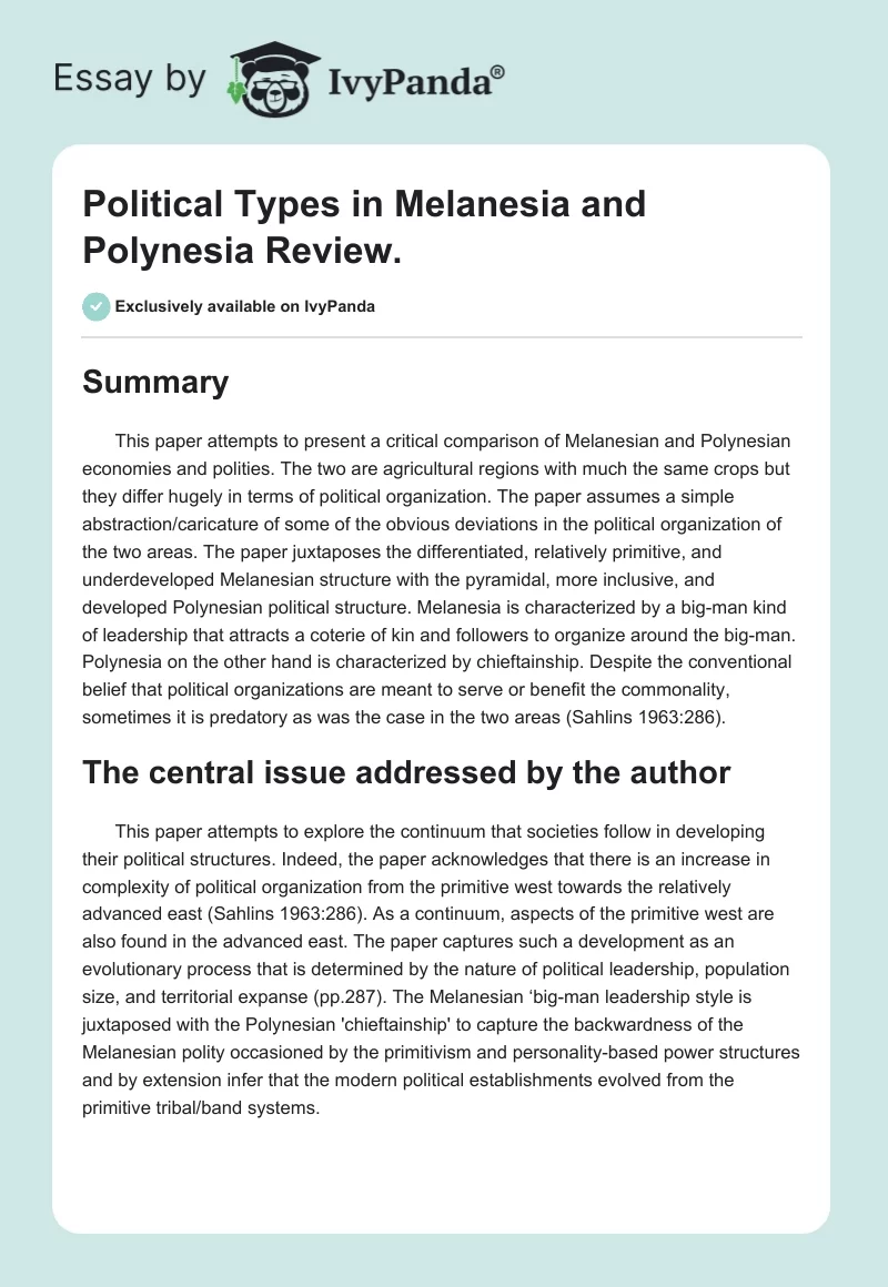 Political Types in Melanesia and Polynesia Review.. Page 1