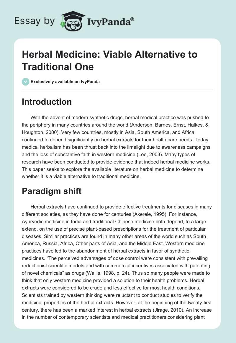 Herbal Medicine: Viable Alternative to Traditional One. Page 1