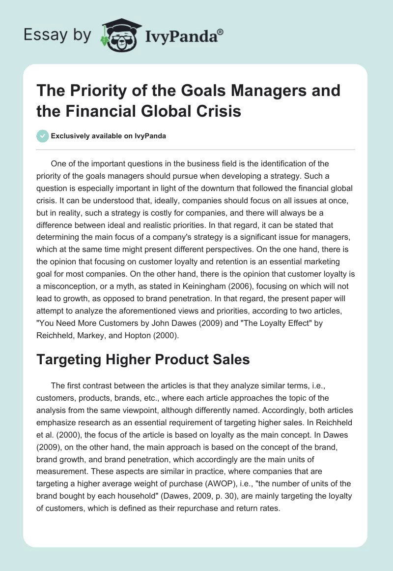 The Priority of the Goals Managers and the Financial Global Crisis. Page 1