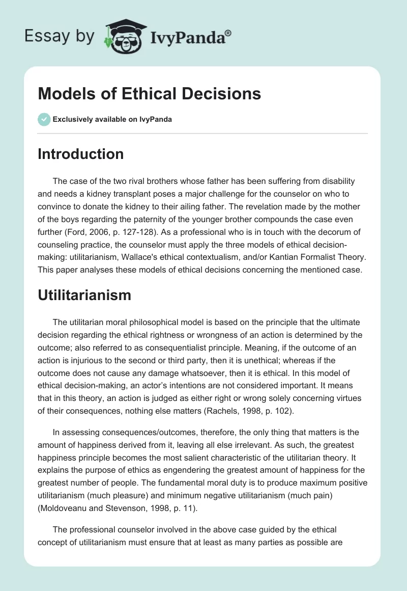 Models of Ethical Decisions. Page 1