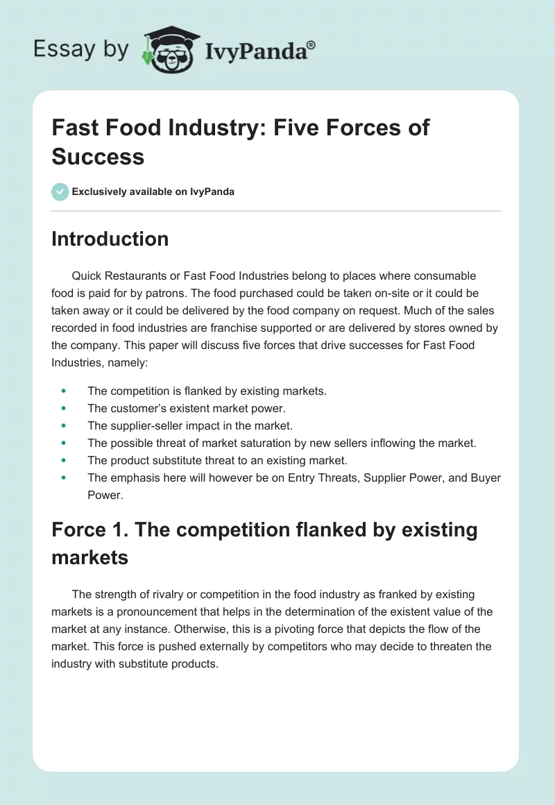 Fast Food Industry: Five Forces of Success. Page 1