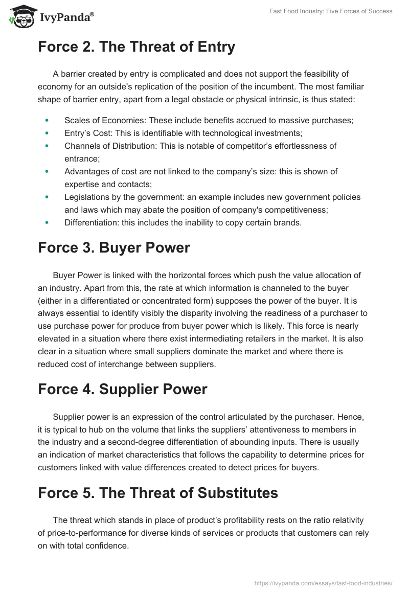 Fast Food Industry: Five Forces of Success. Page 2
