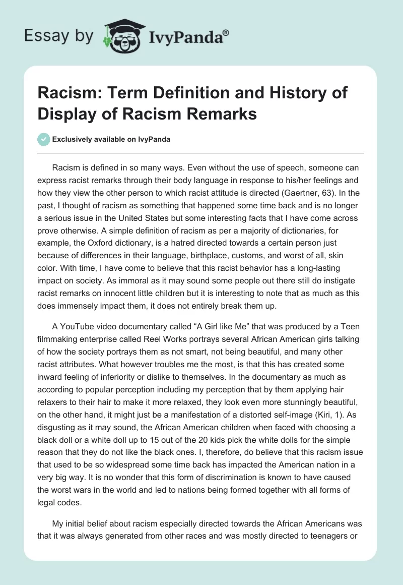 Racism: Term Definition and History of Display of Racism Remarks. Page 1