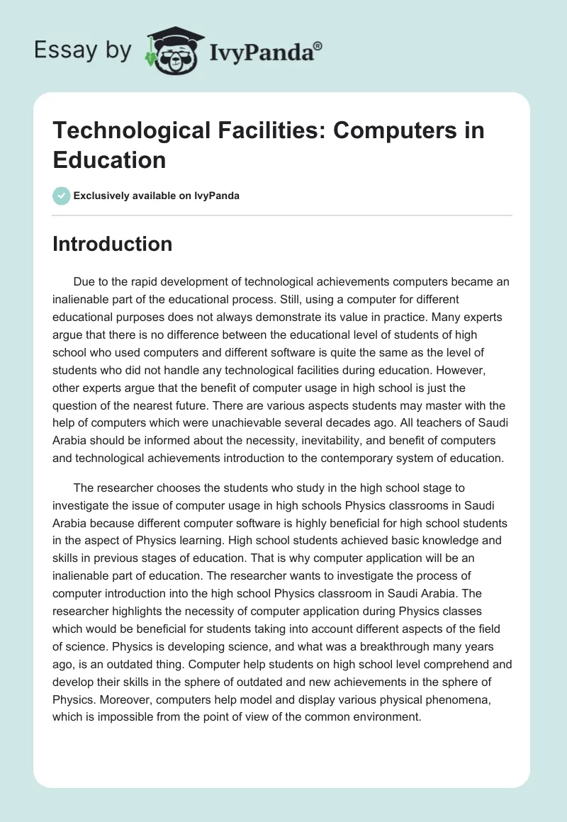 Technological Facilities: Computers in Education. Page 1