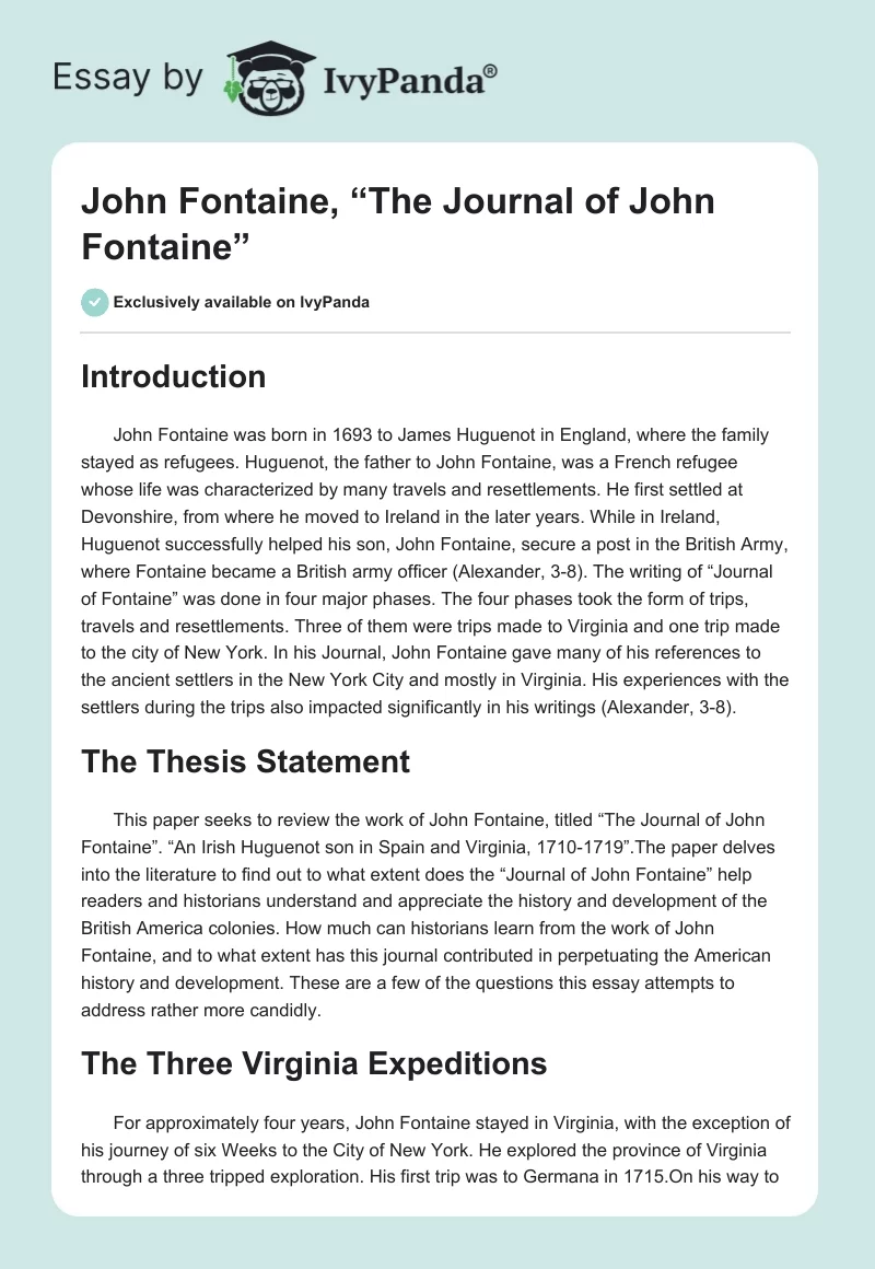 John Fontaine, “The Journal of John Fontaine”. Page 1
