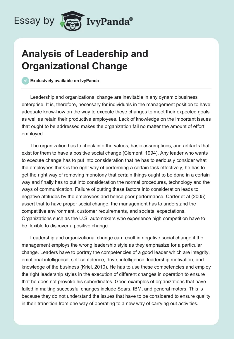 Analysis of Leadership and Organizational Change. Page 1