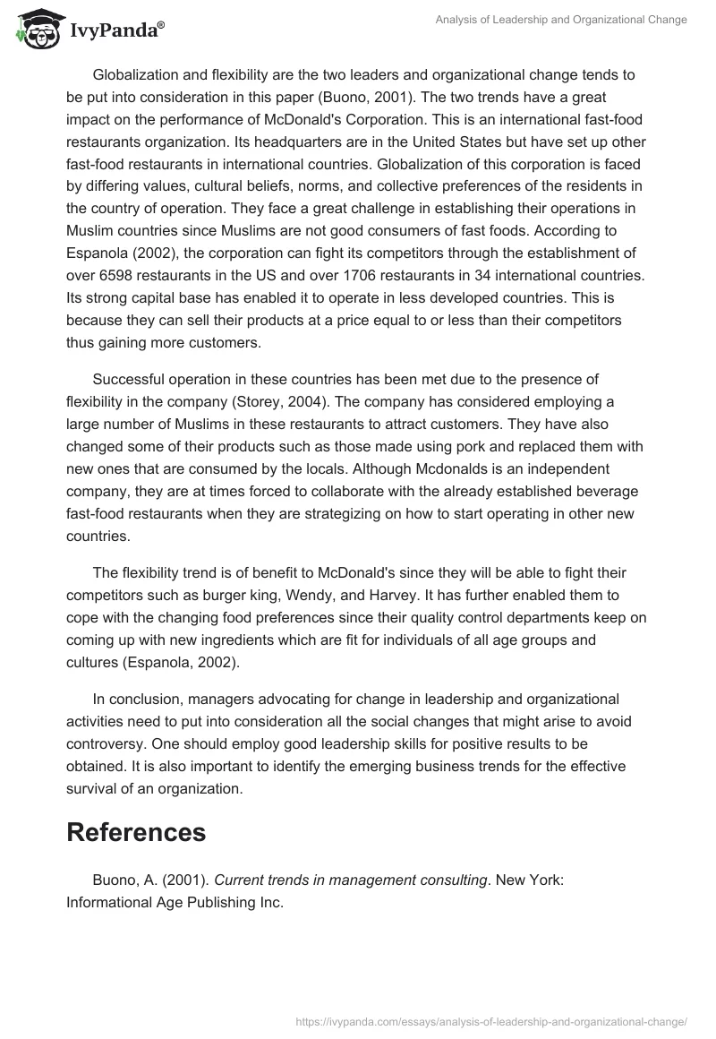 Analysis of Leadership and Organizational Change. Page 2