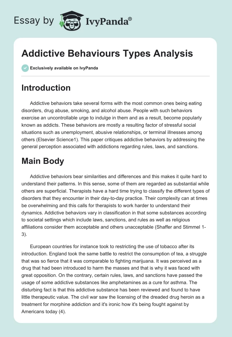 Addictive Behaviours Types Analysis. Page 1