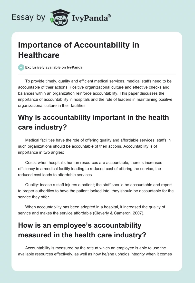 Importance of Accountability in Healthcare. Page 1