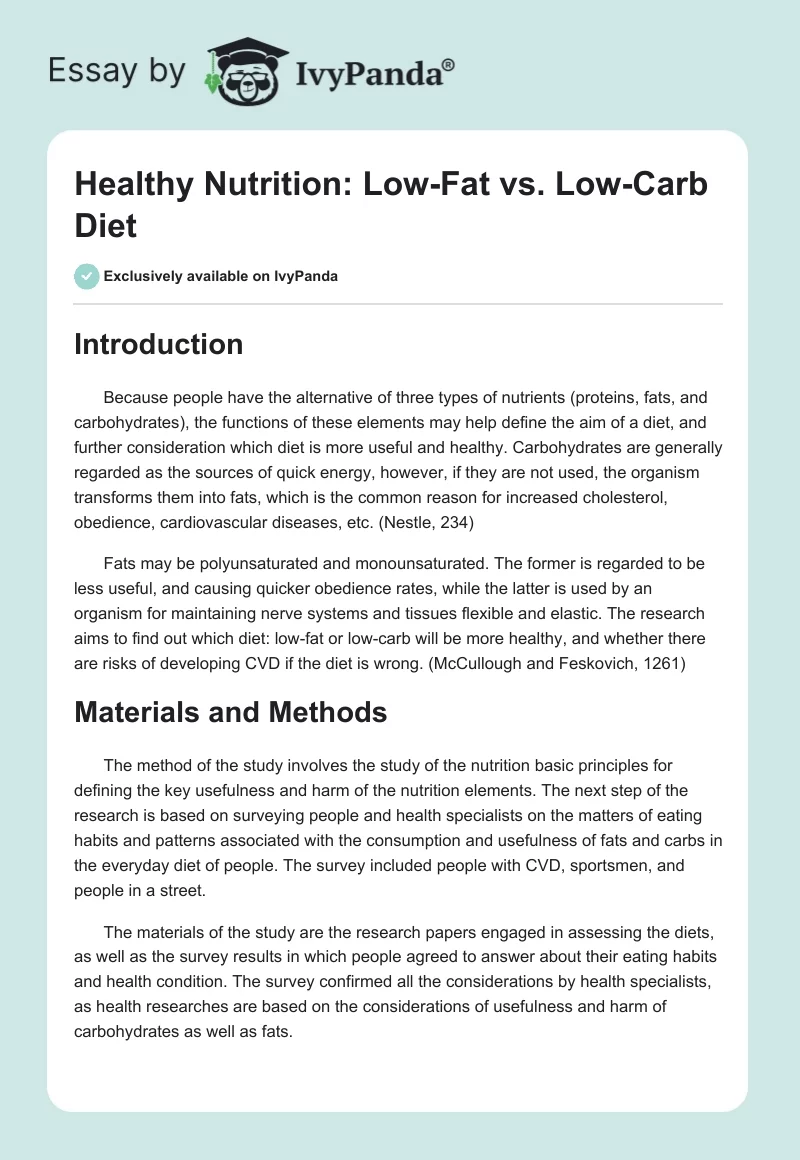 Healthy Nutrition: Low-Fat vs. Low-Carb Diet. Page 1