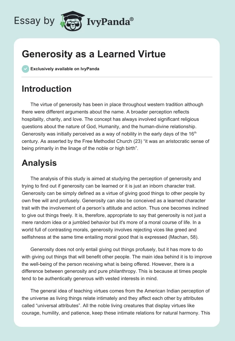 Generosity as a Learned Virtue. Page 1