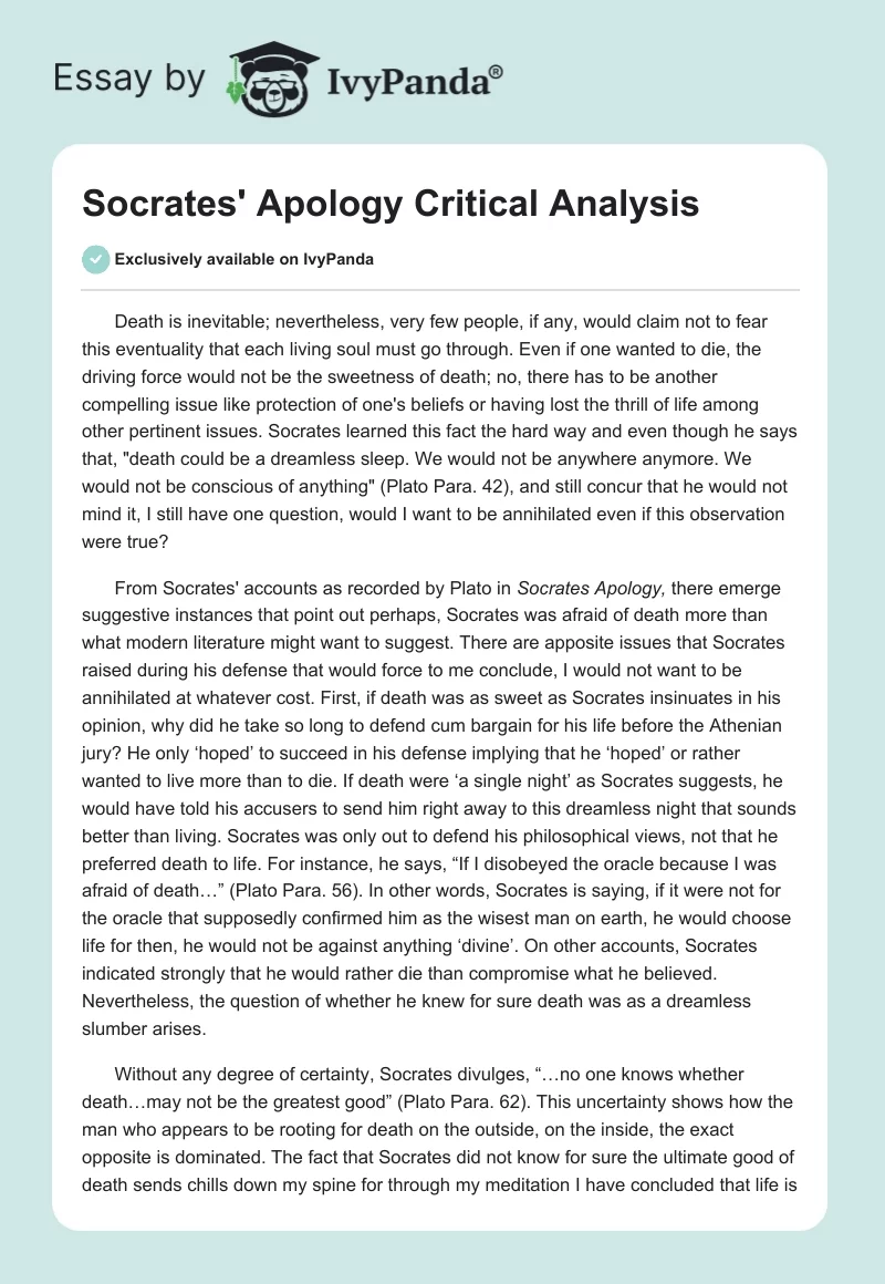 Socrates' Apology Critical Analysis. Page 1