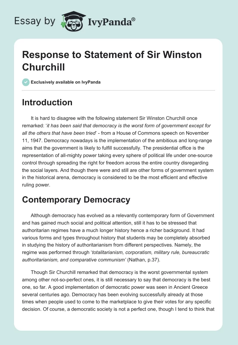 Response to Statement of Sir Winston Churchill. Page 1
