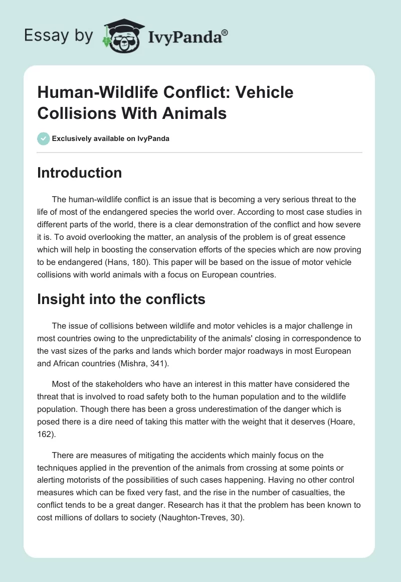 Human-Wildlife Conflict: Vehicle Collisions With Animals. Page 1