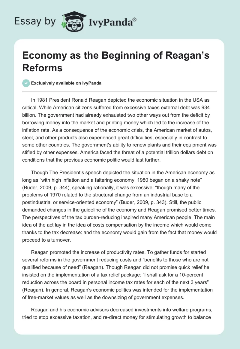 Economy as the Beginning of Reagan’s Reforms. Page 1