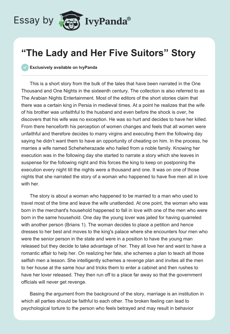 “The Lady and Her Five Suitors” Story. Page 1