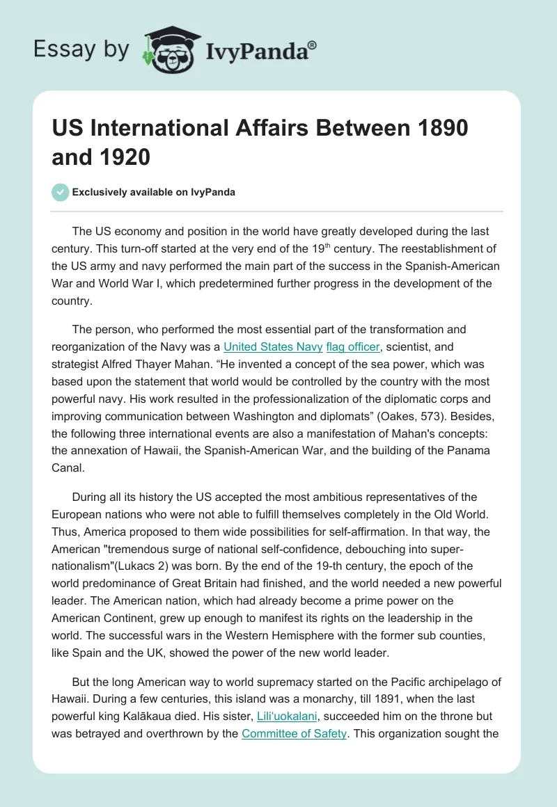 US International Affairs Between 1890 and 1920. Page 1