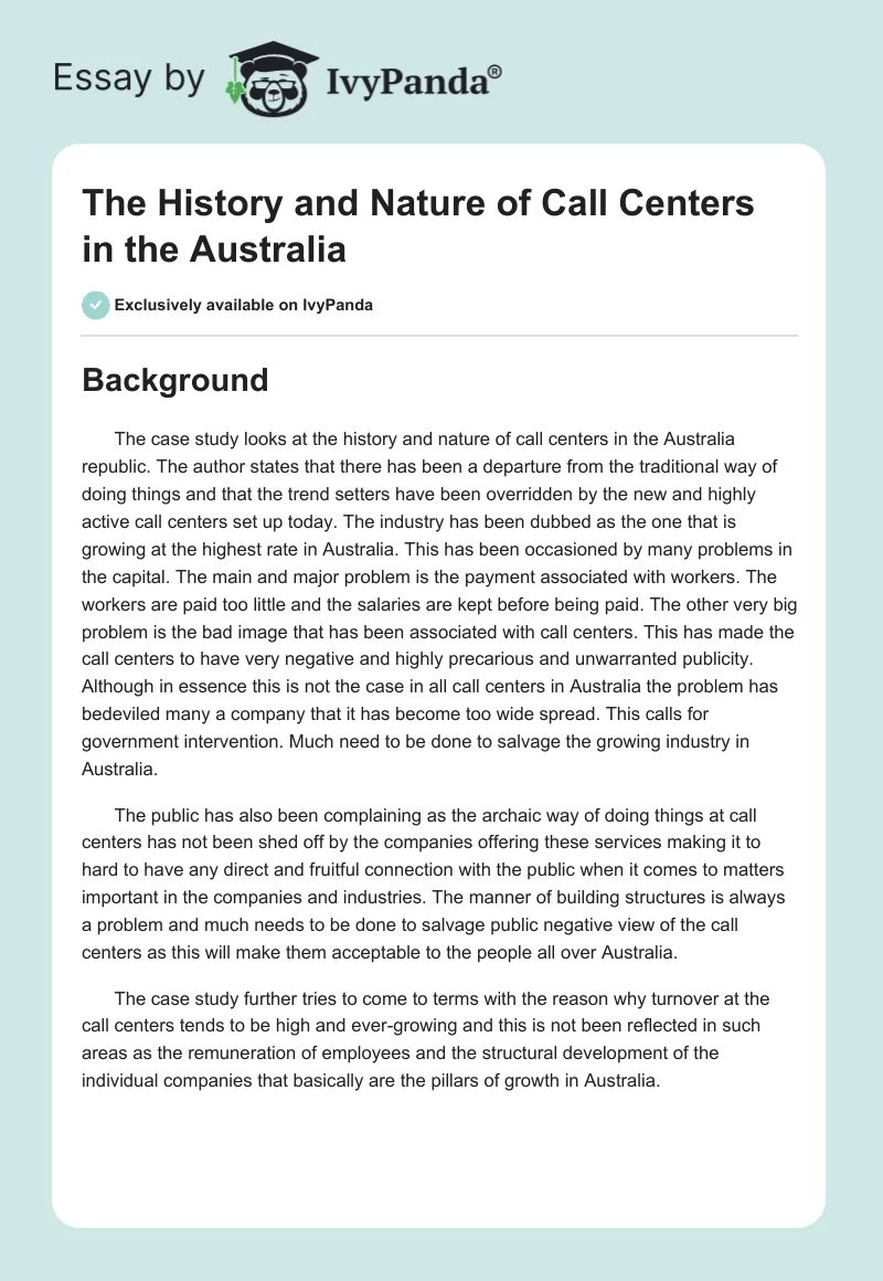 The History and Nature of Call Centers in the Australia. Page 1